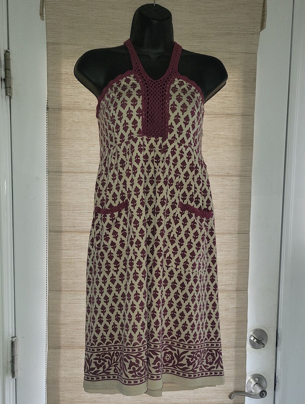 Sleeveless Halter Midi Dress in Cream and Burgundy